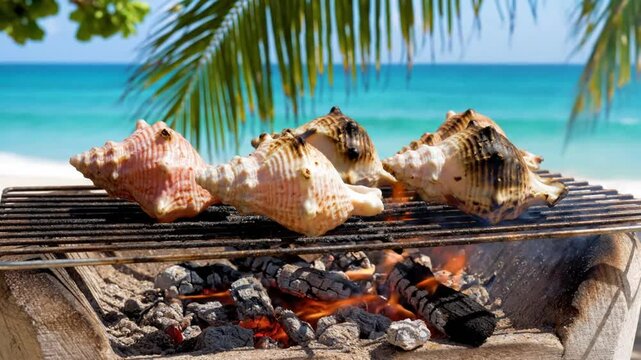 Grilled conch shells on a barbecue pit with a beautiful tropical beach and palm trees in the background