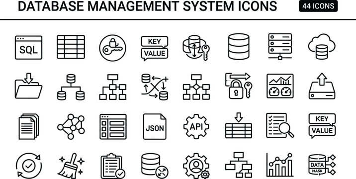 Database management system icon set in minimal outline style for server storage, data processing, and software interface design