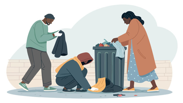 People donating clothes to a homeless person near a trash can with social issue donation box homeless donation assistance compassion generosity inequality kindness humanity community