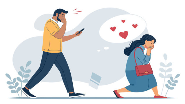 Man ignoring woman while looking at phone with hearts social media flat design social issue real life digital age distracted smartphone connection distance communication relationships