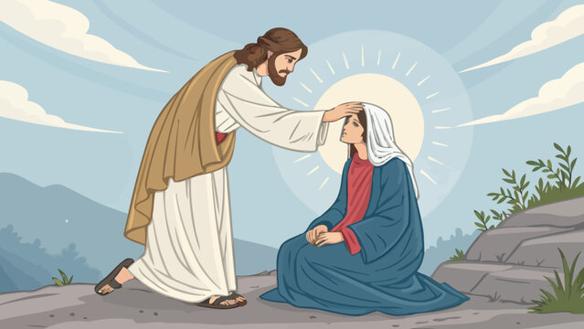 Jesus healing a woman by placing his hand on her head with blessing religion christianity spiritual religious biblical outdoors mountains touching kneeling standing divinity miraculous