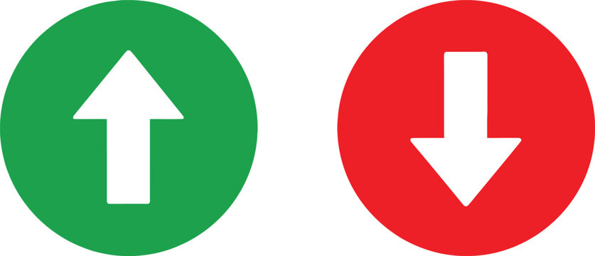 Green up arrow and red down arrow circular icons for navigation and data analysis Vector