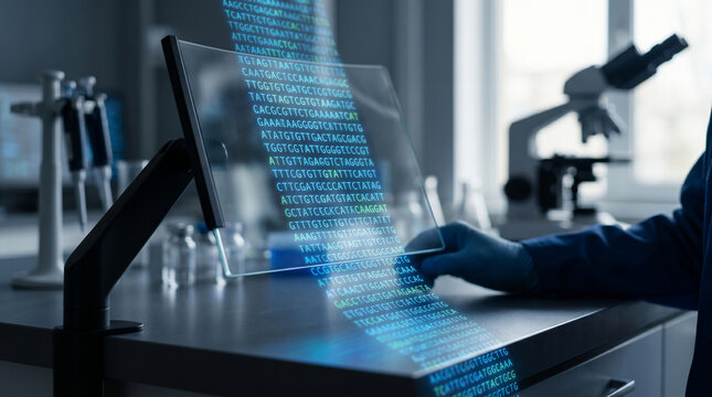Genome Sequence Data Stream Glowing Blue Dark Background Dramatic Science Technology Photography