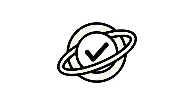 A simple black and white icon depicting a planet-like sphere with a checkmark inside, encircled by an orbiting ring, symbolizing global verification or universal approval.