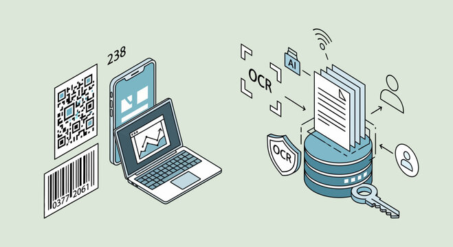 Data processing and digital document analysis illustration on light background