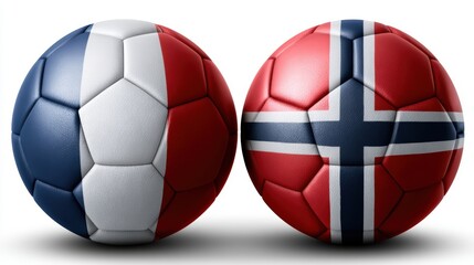 Obraz premium Soccer balls featuring national flags of france and norway side by side isolated on white background
