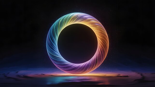 Luminous ring with a swirling rainbow texture hovers above a reflective dark surface, emitting soft colorful light.