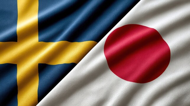 Woven fabric texture of sweden and japan flags joined together side by side for diplomatic representation
