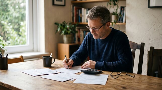 Man in glasses working on paperwork at a wooden table in a home setting.