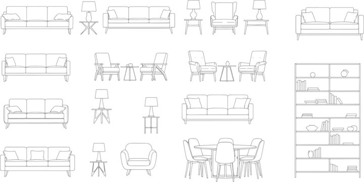 Set of furniture line art icons featuring sofas armchairs tables and bookshelves for interior design floor plan layouts