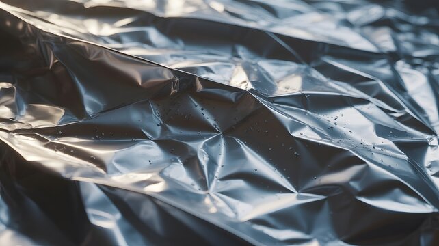 Crinkled aluminum foil texture with soft light reflections creates a dramatic and tactile abstract background in metallic tones.