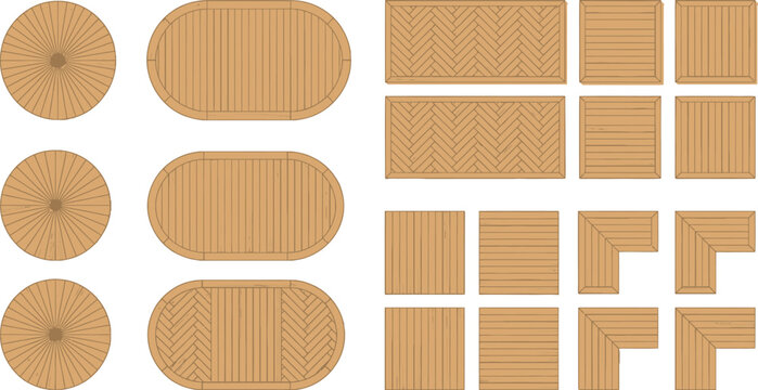 Set of wooden table top views with various shapes and patterns for interior design and furniture planning projects