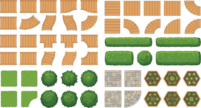 Top down garden landscape design elements set including wooden fences hedges stone tiles and green bushes for game map