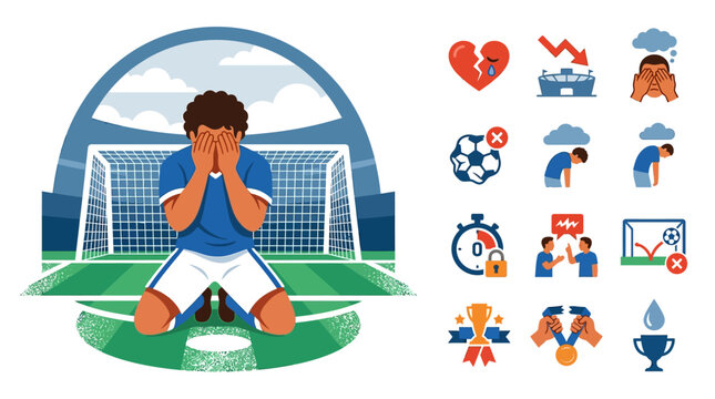 Flat vector illustration of a dejected soccer player kneeling on the field with his face in his hands, surrounded by a set of icons representing sports defeat, loss, and frustration.