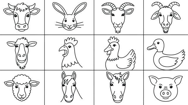 Farm animal heads and faces vector line art illustration set