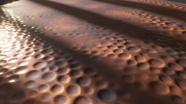 A textured copper sheet with raised circular patterns reflects dramatic parallel streaks of light, creating a dynamic industrial aesthetic.