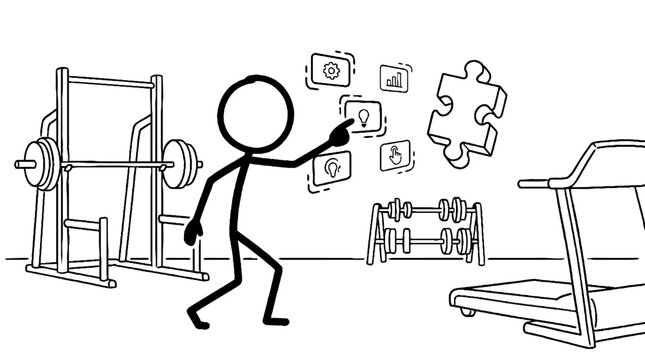 Person in gym interacting with health data and puzzle interface