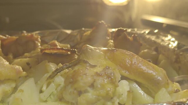 Roasted Chicken and Potatoes in Foil Tray Inside Oven, Hot Steaming Food