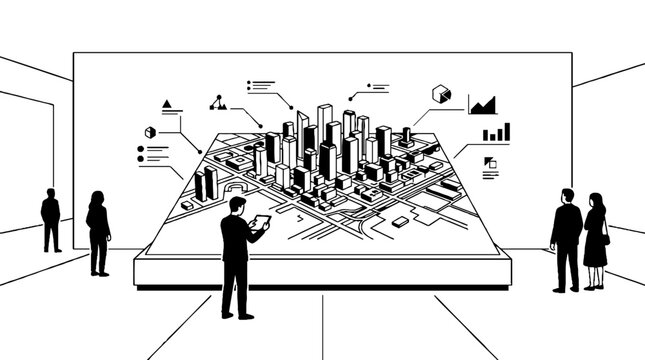 Professionals analyzing a digital smart city model with data