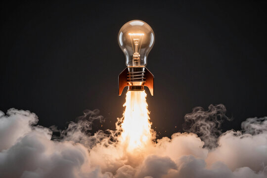Creative light bulb rocket with blast and clouds takes off on a dark background, concept. Successful launch start up, creative idea. Think differently. Creative generator. Smart and thinking.