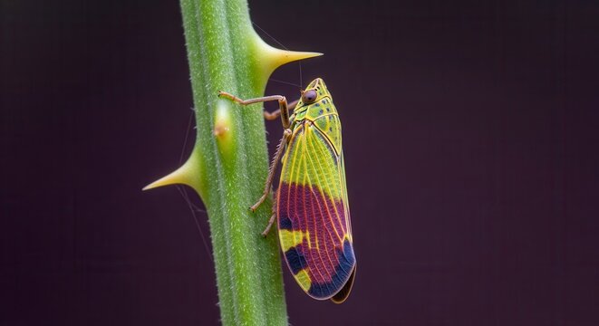 Vibrant Colorful Planthopper Insect Resting on a Thorny Green Stem Macro Photography