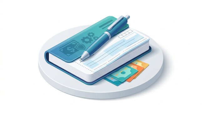 A stylized flat lay of a checkbook, pen, and cash on a circular platform, conveying financial planning and transaction concepts against a clean white background