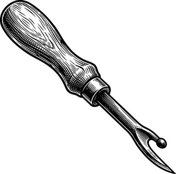 A vintage seam ripper with a carved wooden handle and a metal tip designed for removing stitches. Isolated on a white background.
