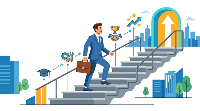 A determined businessman in a blue suit climbs stairs towards a bright urban cityscape, symbolizing career growth and success with symbolic icons