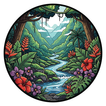 Tropical Jungle River with Colorful Flowers.