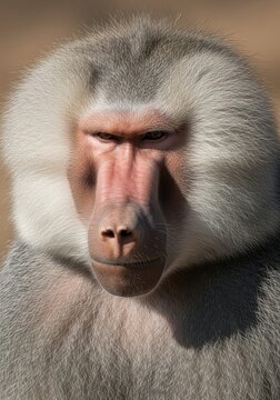 Close-up Portrait of a Majestic Male Hamadryas Baboon with Silver Mane and Intense Gaze in the Wild