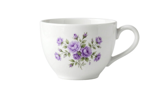 White ceramic tea cup with little purple rose flower artwork.