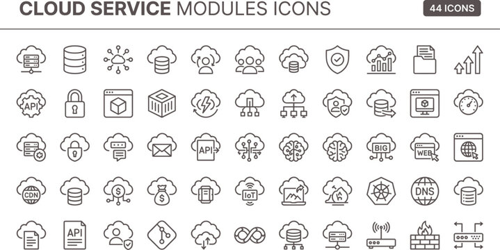 Cloud service modules icon set in modern outline style for platform architecture dashboard interface and scalable application systems
