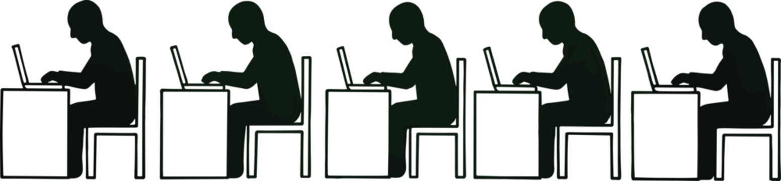 Horizontal alignment of identical anonymous male figures seated at square stations operating portable electronic devices