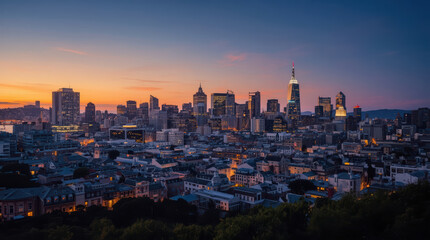 Fototapeta premium Warm evening glow city skyline sunset urban skyline dusk cityscape