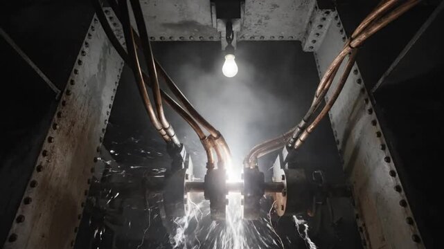 Dramatic shot of electrical sparks and smoke billowing from an industrial machine in a dark setting