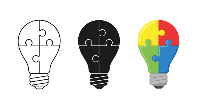 Light bulb puzzle icons in various styles - Line and glyph solid icon and logo template - Clipart, sticker - icon set