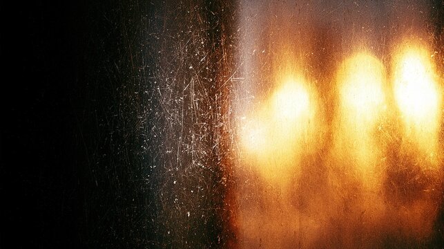 High contrast abstract backdrop split by vertical line, near-black scratched textured left side with fine white flecks, right side filled with diffused glowing golden light from blurry round light sou