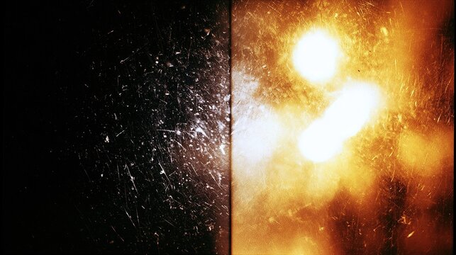 High contrast abstract backdrop split by vertical line, near-black scratched textured left side with fine white flecks, right side filled with diffused glowing golden light from blurry round light sou