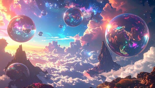 Vibrant Iridescent Bubbles Floating Above Clouds.