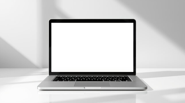 Blank laptop on white desk with soft shadow and minimal studio lighting