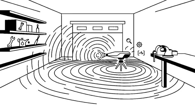 Smart garage device emitting signal waves in home workshop