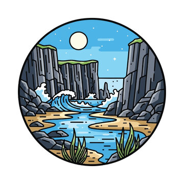 Illustration of cliffs by the ocean.