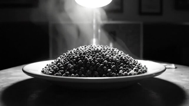 Black and white close up of a steaming pile of buckwheat groats on a white plate under a bright light