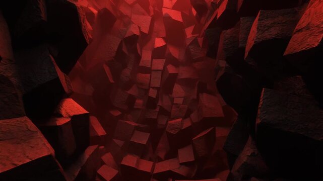 Abstract background with jagged, fragmented red geometric shapes creating a sense of depth and motion
