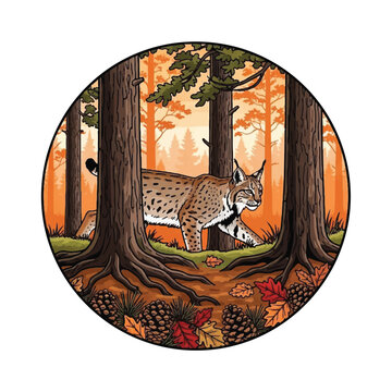 lynx walking through forest habitat.