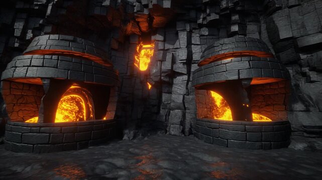 Molten core of an ancient forge colossal furnaces glow intensely with lava, radiating immense heat and ominous power in a dark, mysterious underground cavern