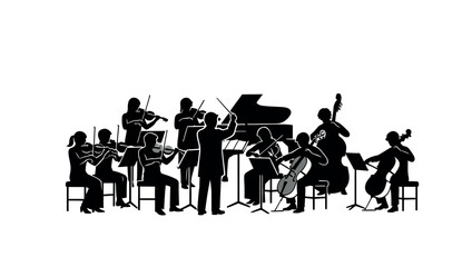Orchestra performing classical music with conductor and piano. © Diki