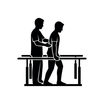 Physical therapy patient walking with therapist assistance on parallel bars.