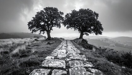 Fototapeta premium Stone path between two trees on a hilltop, b&w