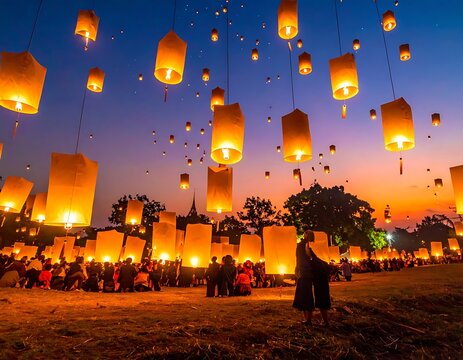 Sky lanterns flying at dusk festival.